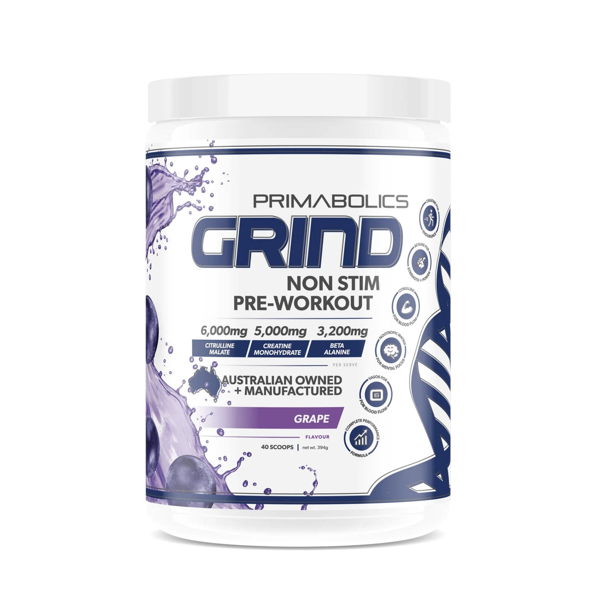 Grind Non Stim Pre Workout by Primabolics PRE WORKOUT Primabolics Grape  - Image 1