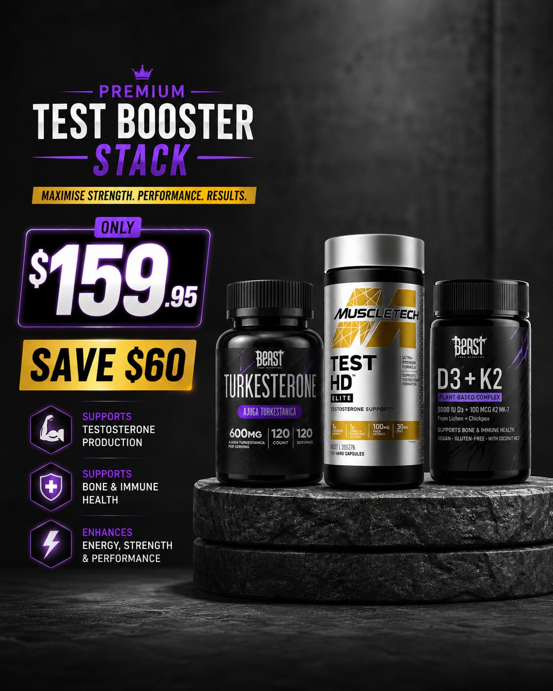 Premium Test Booster Stack | MuscleTech Test HD Elite + Beast Labs D3 K2 + Turkesterone - $159.95 | SUPPS247 - Image 1