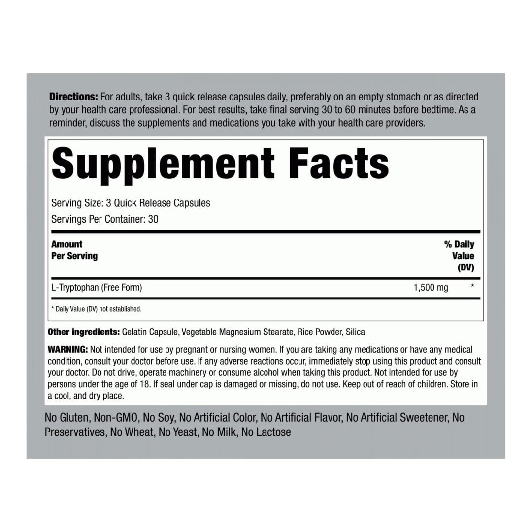 L-Tryptophan 1500 mg by Piping Rock AMINO ACID Piping Rock  - Image 2