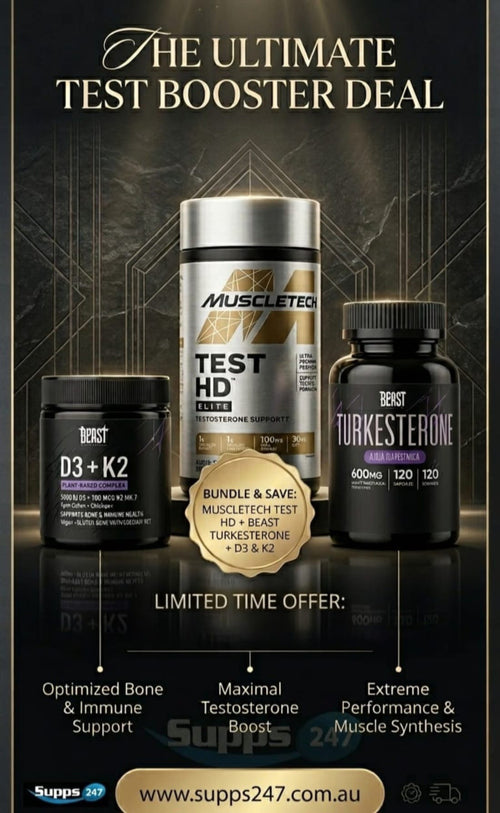 Premium Test Booster Stack | MuscleTech Test HD Elite + Beast Labs D3 K2 + Turkesterone - $159.95 | SUPPS247