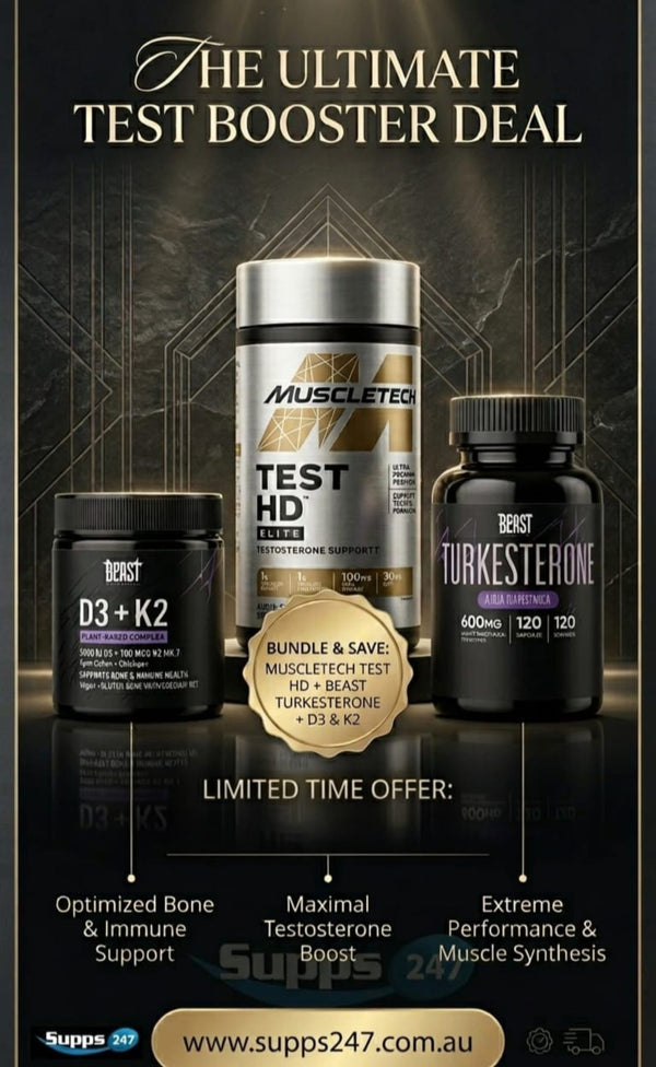 Premium Test Booster Stack | MuscleTech Test HD Elite + Beast Labs D3 K2 + Turkesterone - $159.95 | SUPPS247