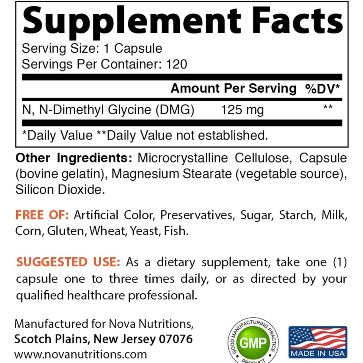 Nova Nutritions DMG 125 mg 120 Counts immune booster SUPPS247  - Image 2