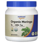 Nutricost Organic Moringa powder container with blue lid on a white background