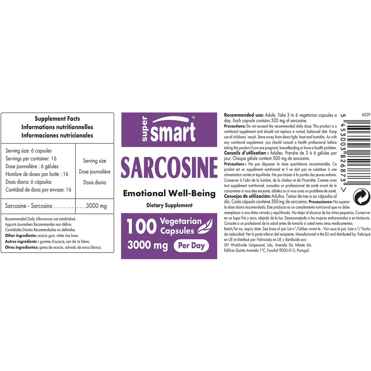 Supersmart Sarcosine 3000 mg for Emotional Wellbeing cognitive support SUPPS247 