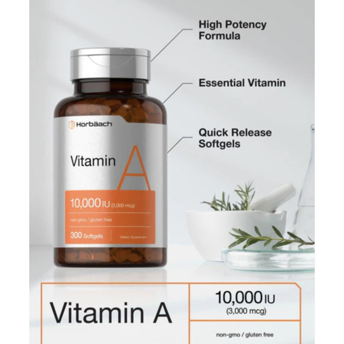 Vitamin A 10000 IU Softgels | 300 Count by Horbaach Vitamins SUPPS247  - Image 3