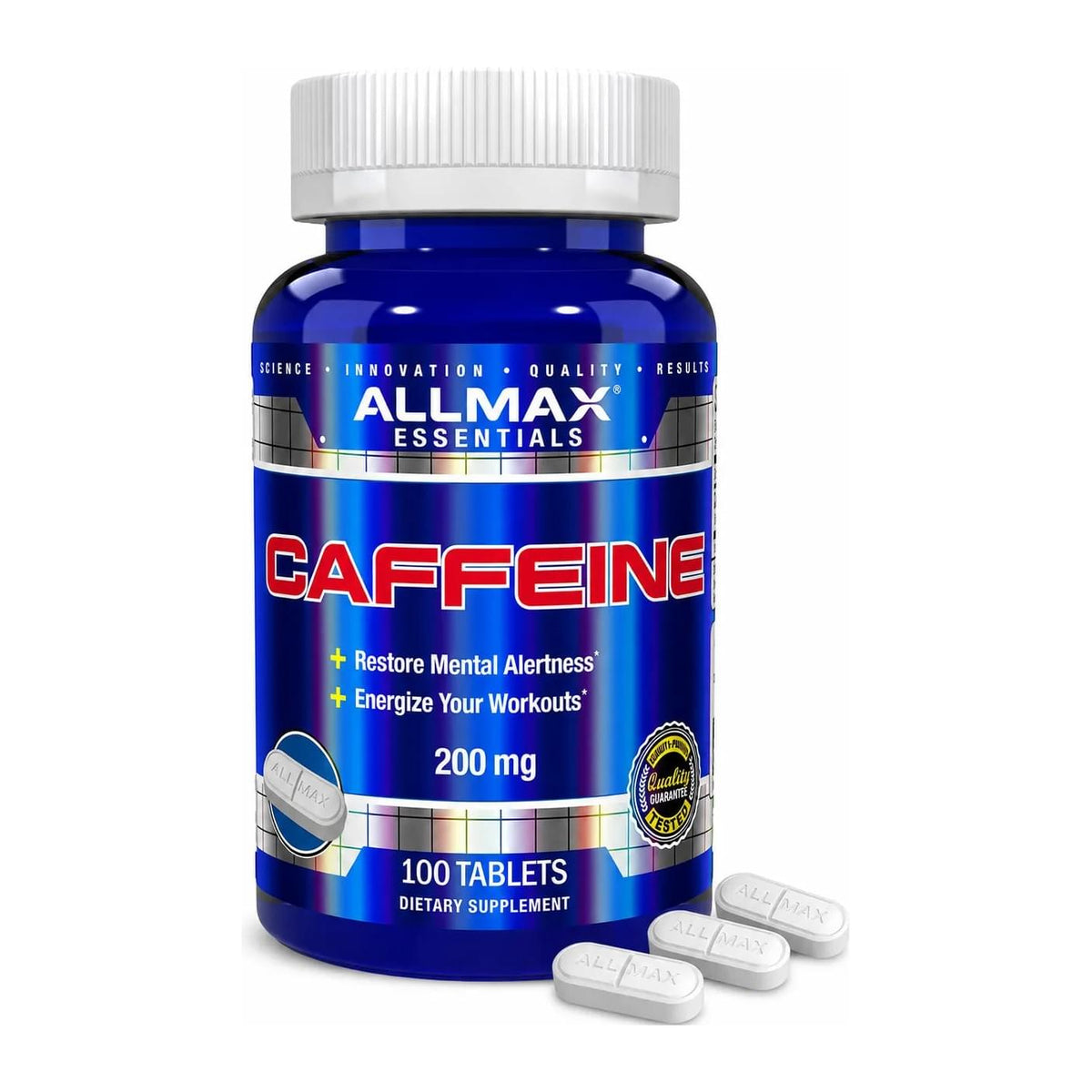 ALLMAX Caffeine 200mg 100 Tablets, front of bottle - Image 1