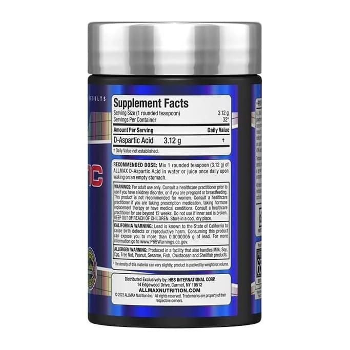 ALLMAX Nutrition D-Aspartic Acid, supplement facts panel and directions - Image 2