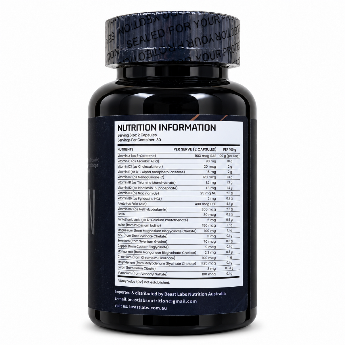 Beast Labs MultiVitamin 30 Servings bottle back view with nutrition information on white background - Image 2