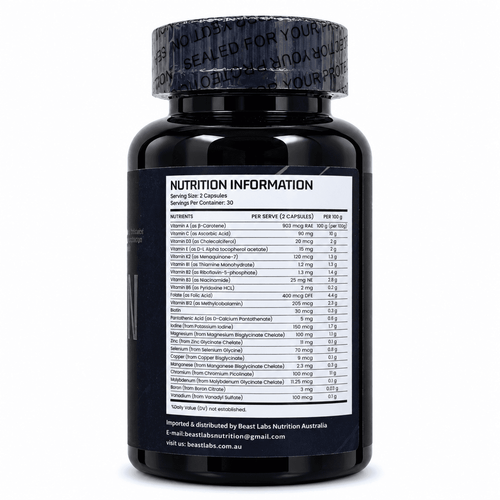 Beast Labs MultiVitamin 30 Servings bottle back view with nutrition information on white background