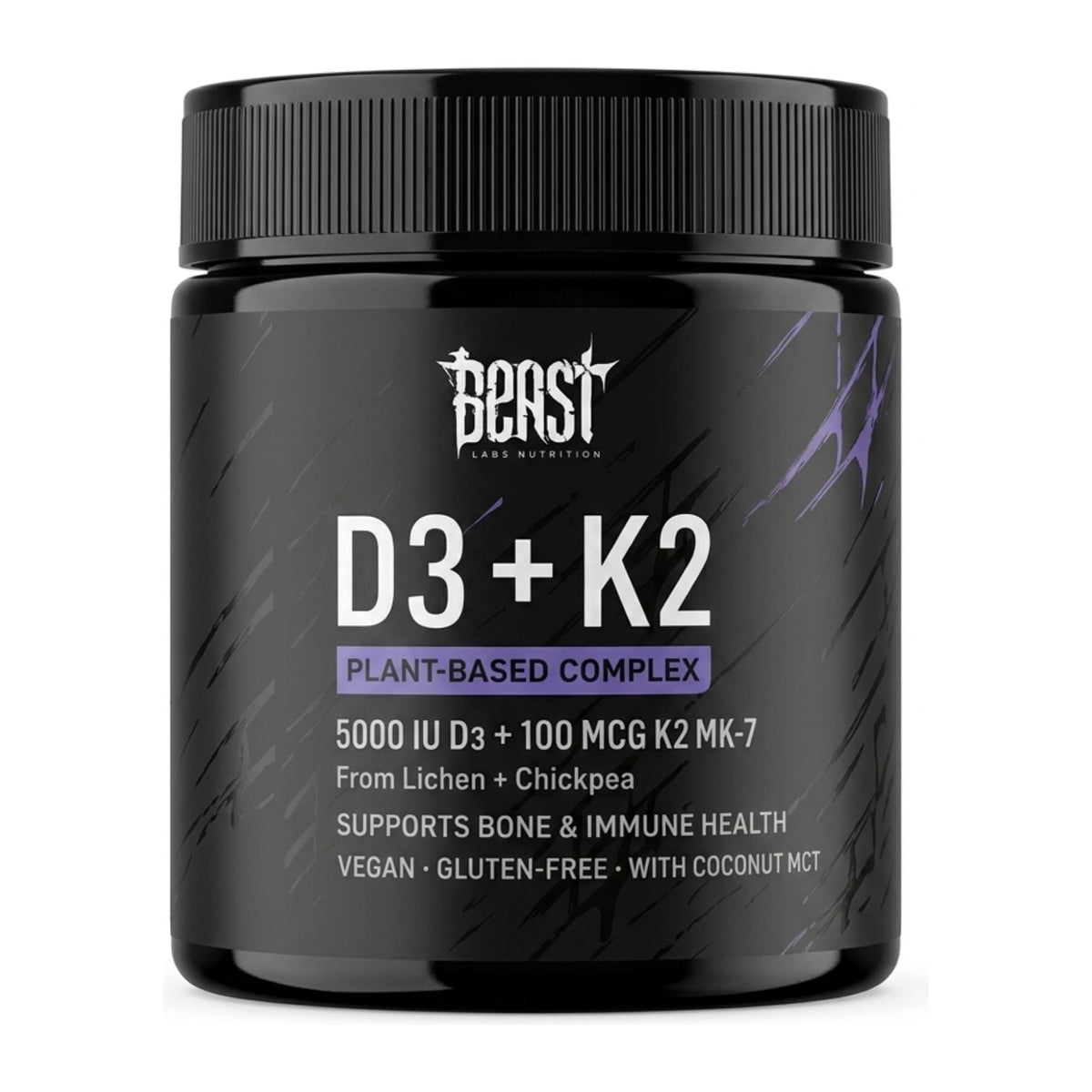 Beast Labs Nutrition D3 5000iu + 100 mcg K2 MK-7, front of bottle - Image 1