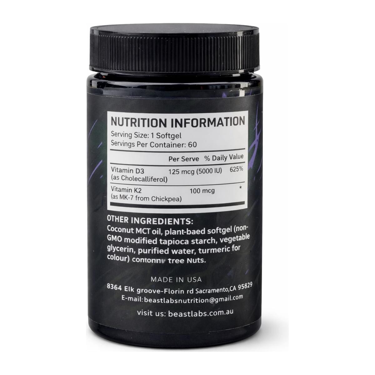 Beast Labs Nutrition D3 5000iu + 100 mcg K2 MK-7, nutrition information label - Image 2