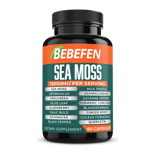Sea Moss Capsules by Bebefen, front of bottle (60 capsules)