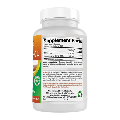 Best Naturals Betaine HCL 648mg 250 Capsules, supplement facts panel