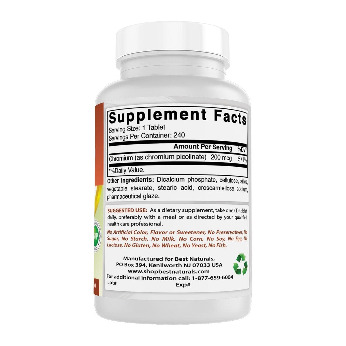 Chromium Picolinate by Best Naturals, supplement facts panel - Image 2