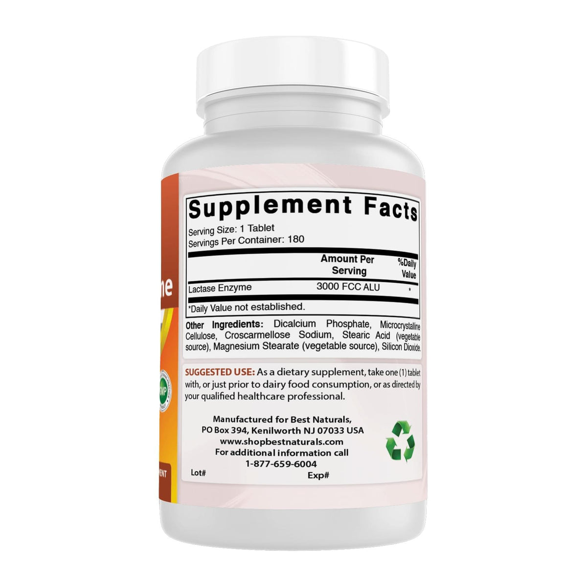 Best Naturals Fast Acting Lactase Enzyme Tablet, supplement facts panel - Image 2