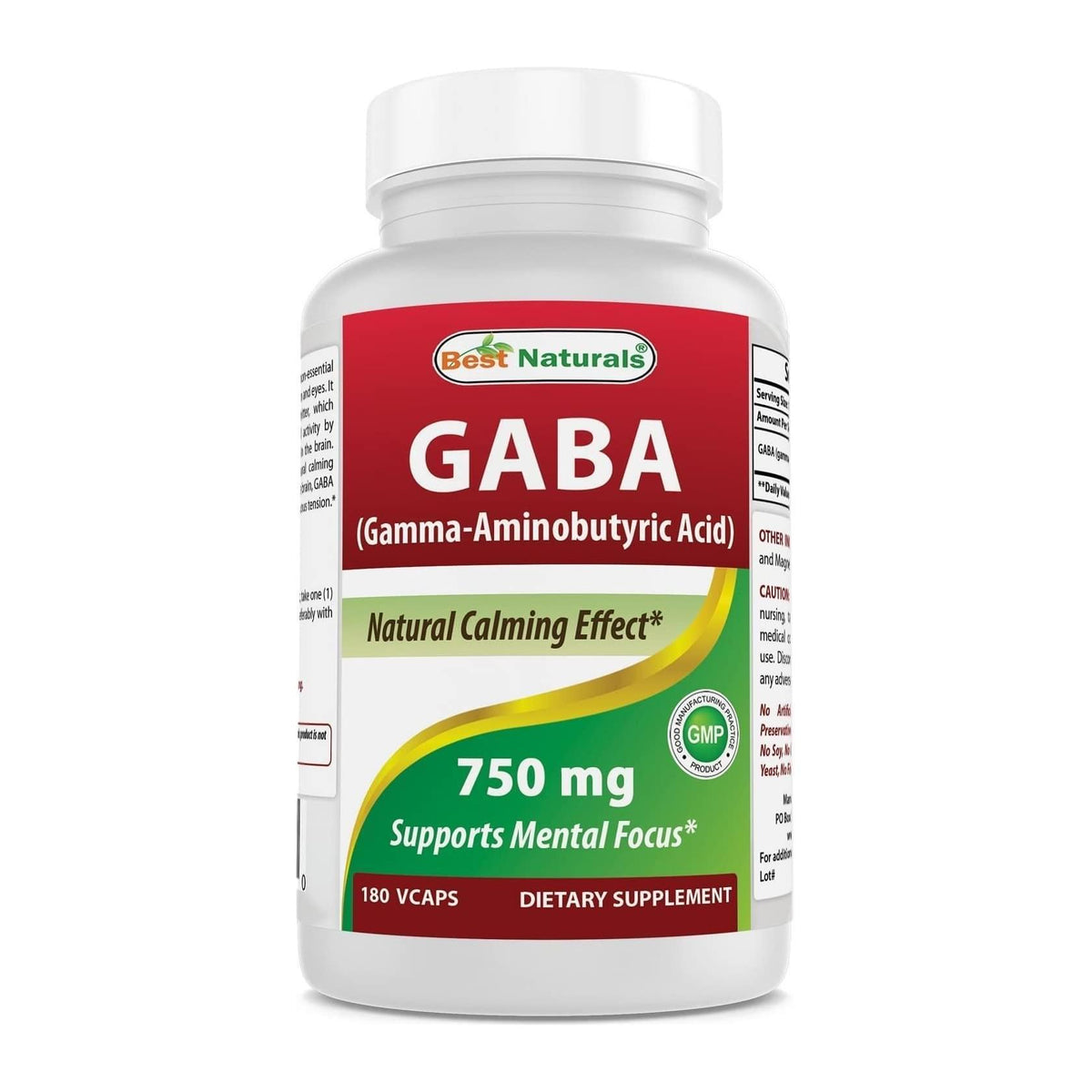 GABA Supplement by Best Naturals, 180 capsule bottle front - Image 3