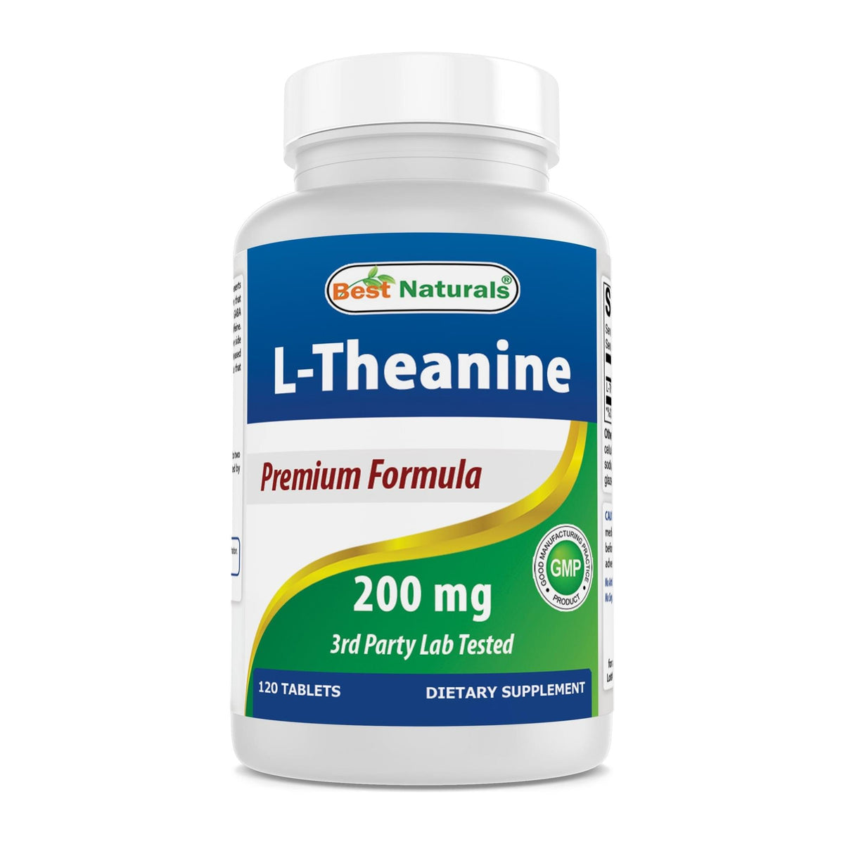 Best Naturals L-Theanine 200mg 120 count, front of bottle - Image 1