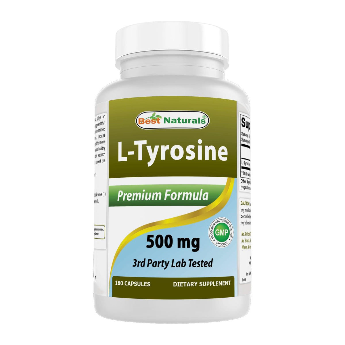 Best Naturals L-Tyrosine, 180 capsule bottle front - Image 3