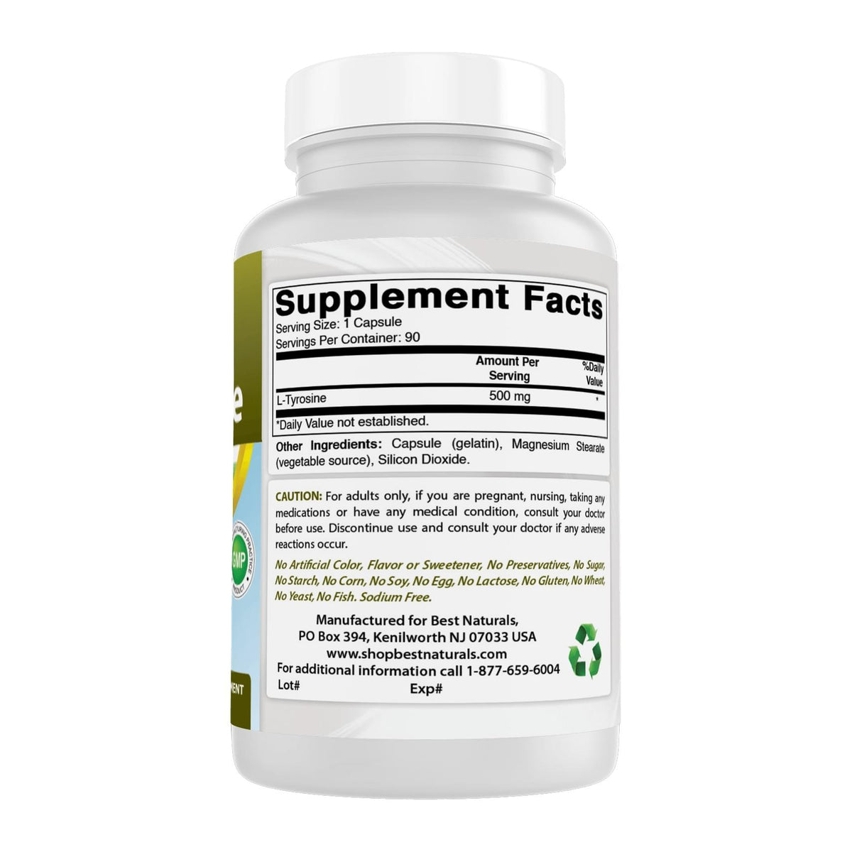 Best Naturals L-Tyrosine, supplement facts panel - Image 2