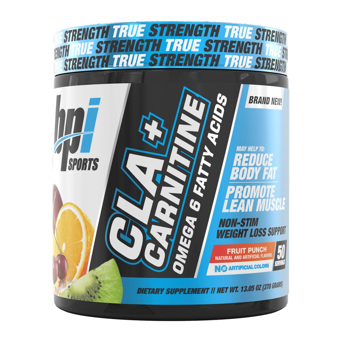 BPI Sports CLA + Carnitine Powder – 50 Serves, Fruit Punch tub front - Image 1