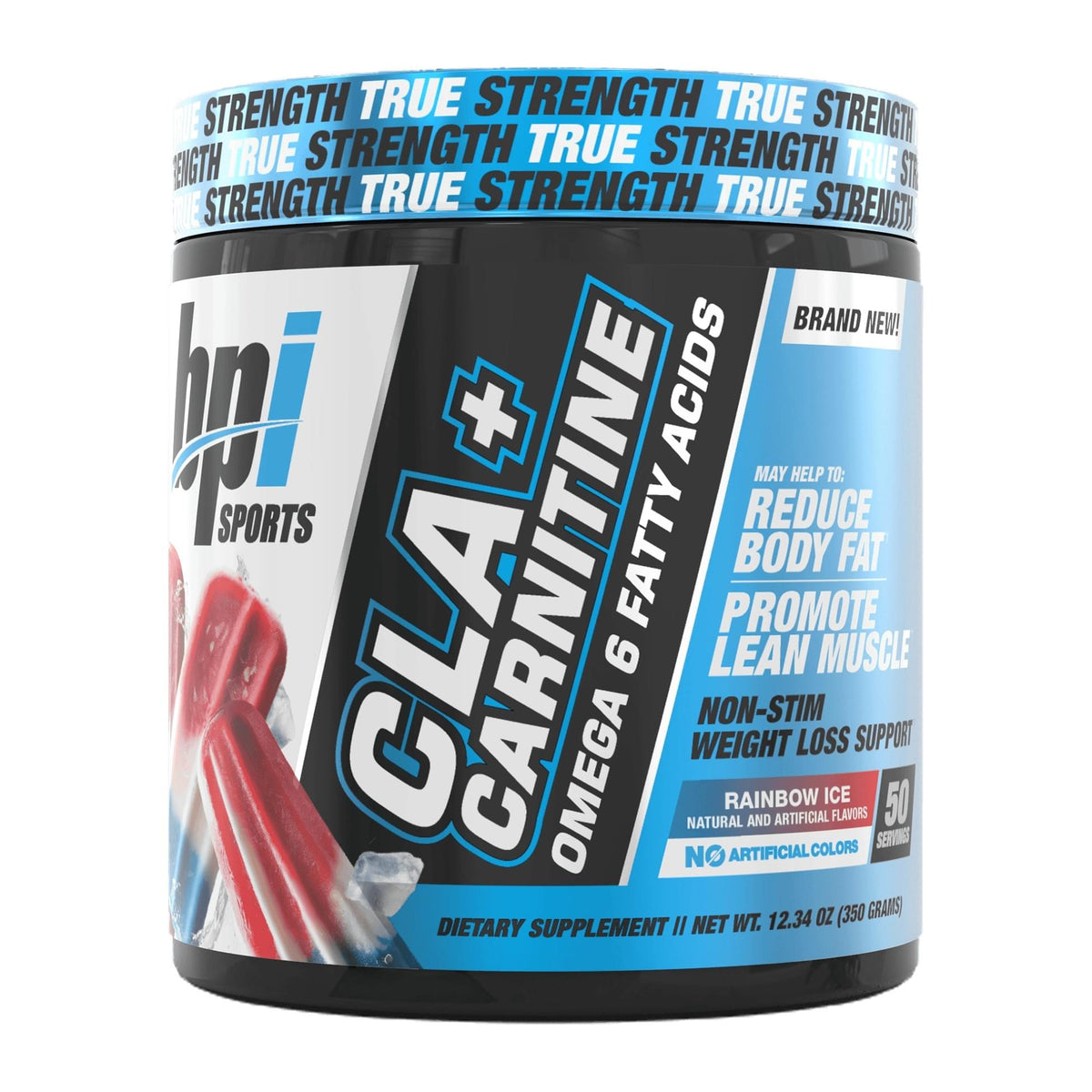 BPI Sports CLA + Carnitine Powder – 50 Serves, Rainbow Ice tub front - Image 4