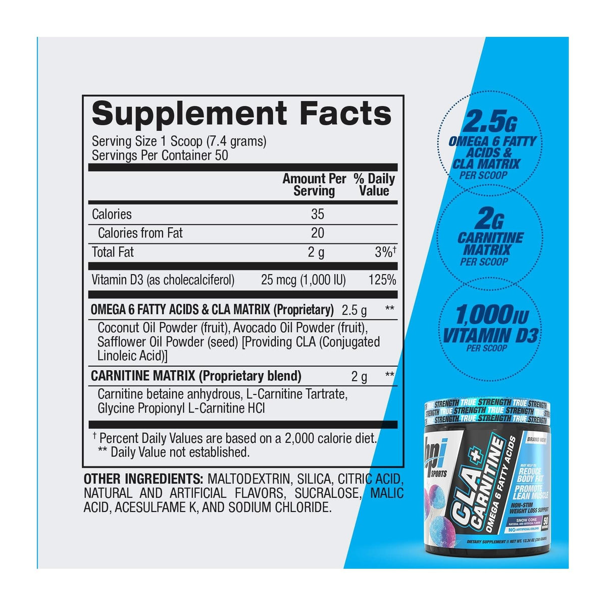 BPI Sports CLA + Carnitine Powder – 50 Serves, supplement facts panel - Image 2