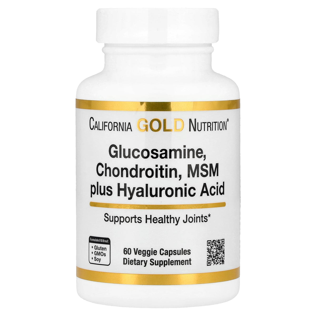 California Gold Nutrition Glucosamine, Chondroitin, MSM plus Hyaluronic Acid, 60 veggie capsules bottle, front label - Image 1