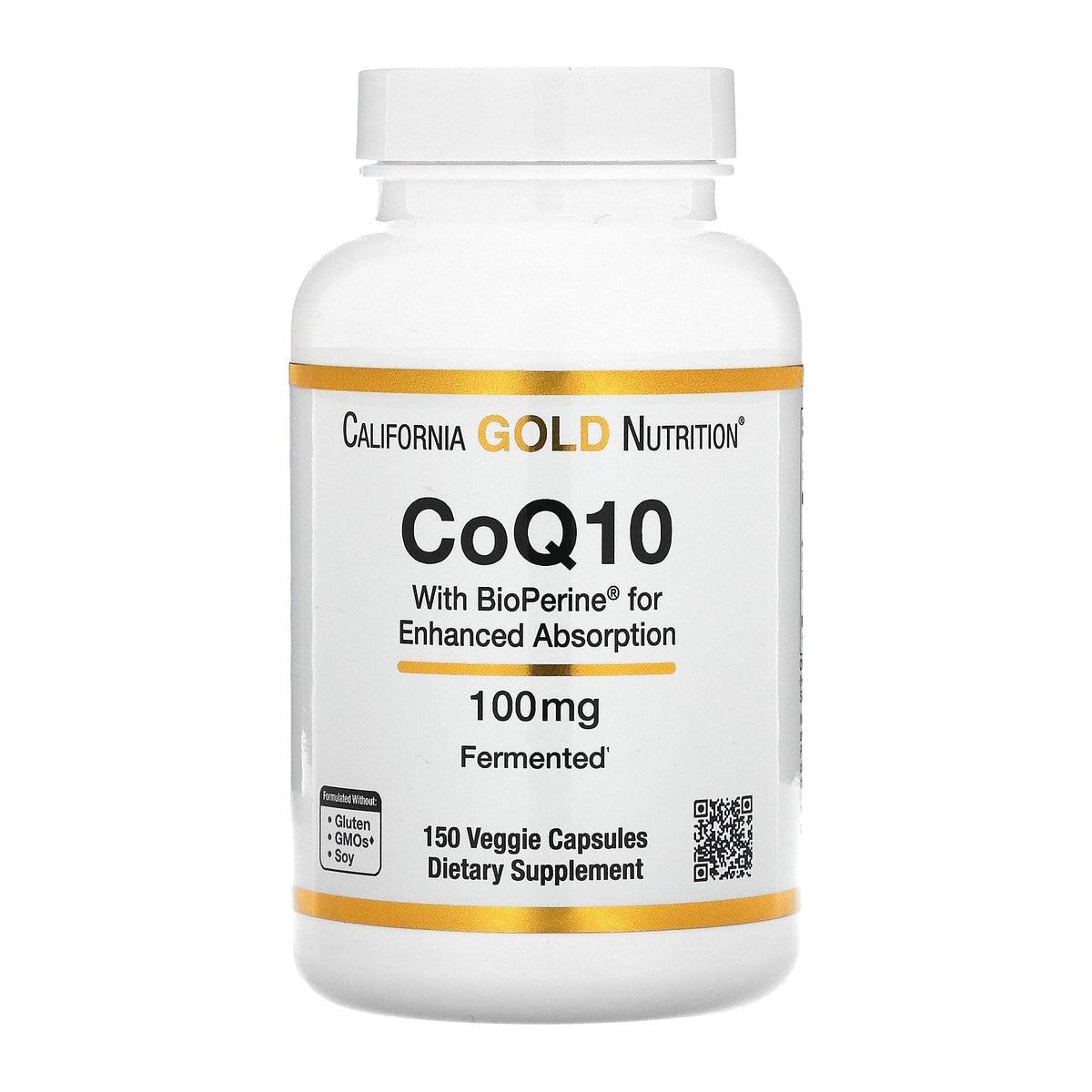 CoQ10 100mg with BioPerine by California Gold Nutrition – 150 Veggie Capsules, front of bottle - Image 1