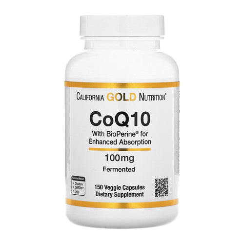 CoQ10 100mg with BioPerine by California Gold Nutrition – 150 Veggie Capsules, front of bottle