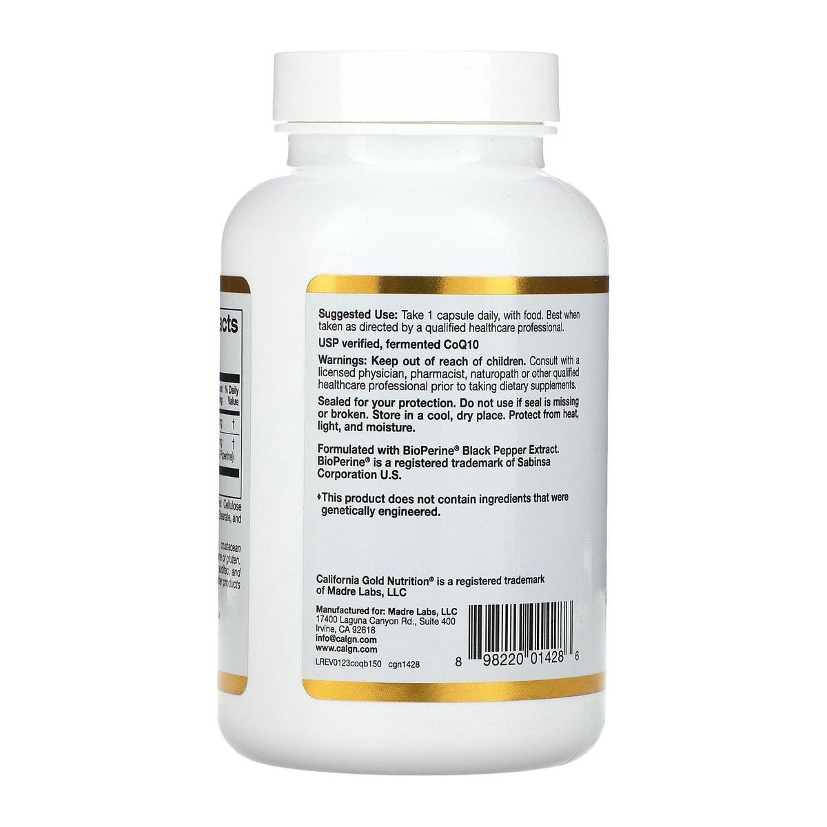 CoQ10 100mg with BioPerine by California Gold Nutrition – 150 Veggie Capsules, side label (directions and warnings) - Image 3