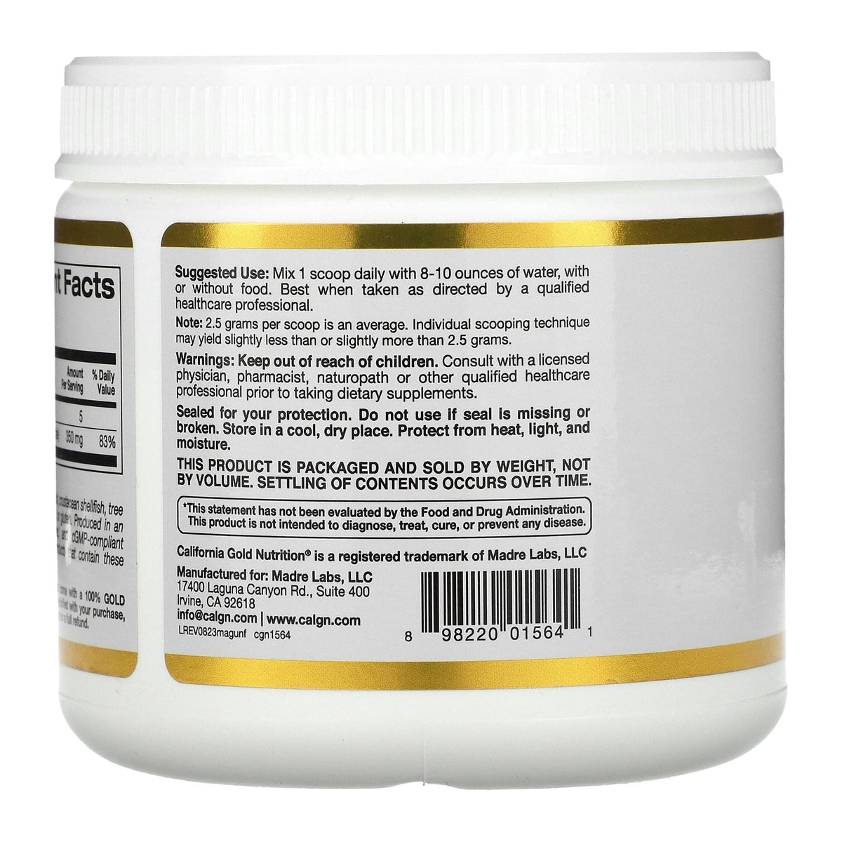 California Gold Nutrition Magnesium Powder, side label (directions) - Image 3