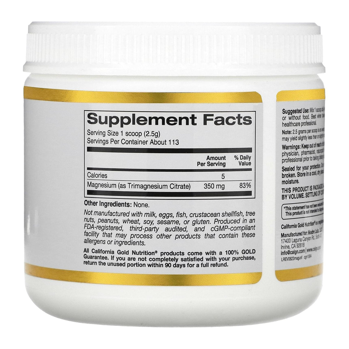 California Gold Nutrition Magnesium Powder, supplement facts panel - Image 2