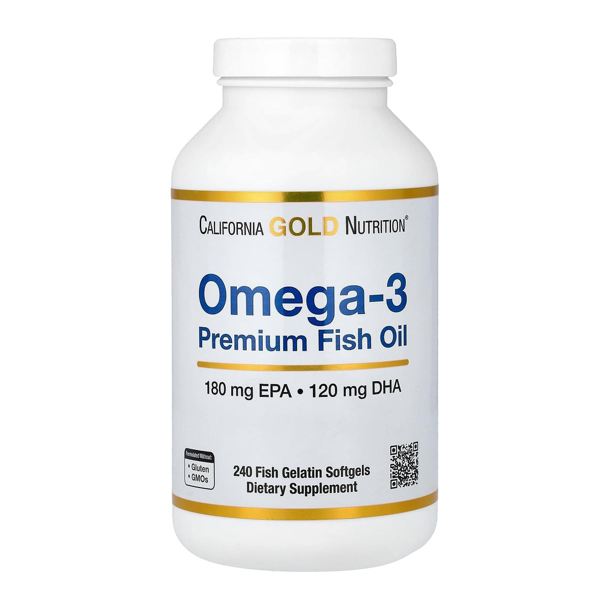 California Gold Nutrition Omega-3 Premium Fish Oil, 240 softgel bottle front - Image 3