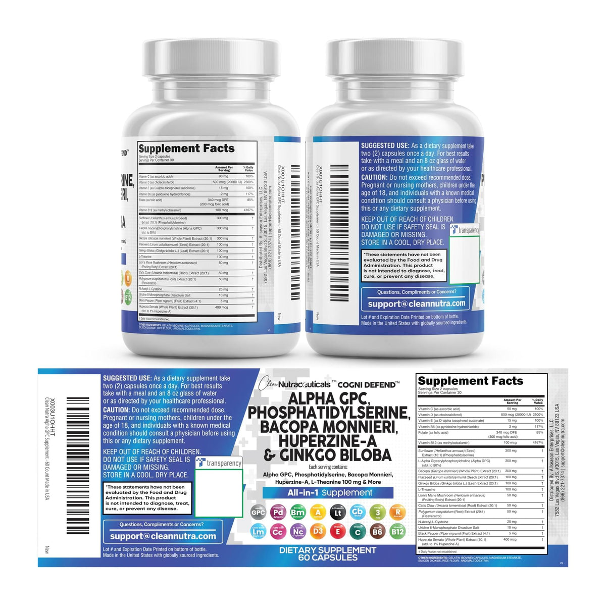 Cogni defend Nootropic By Nutraceuticals, label panels (supplement facts and directions) - Image 2