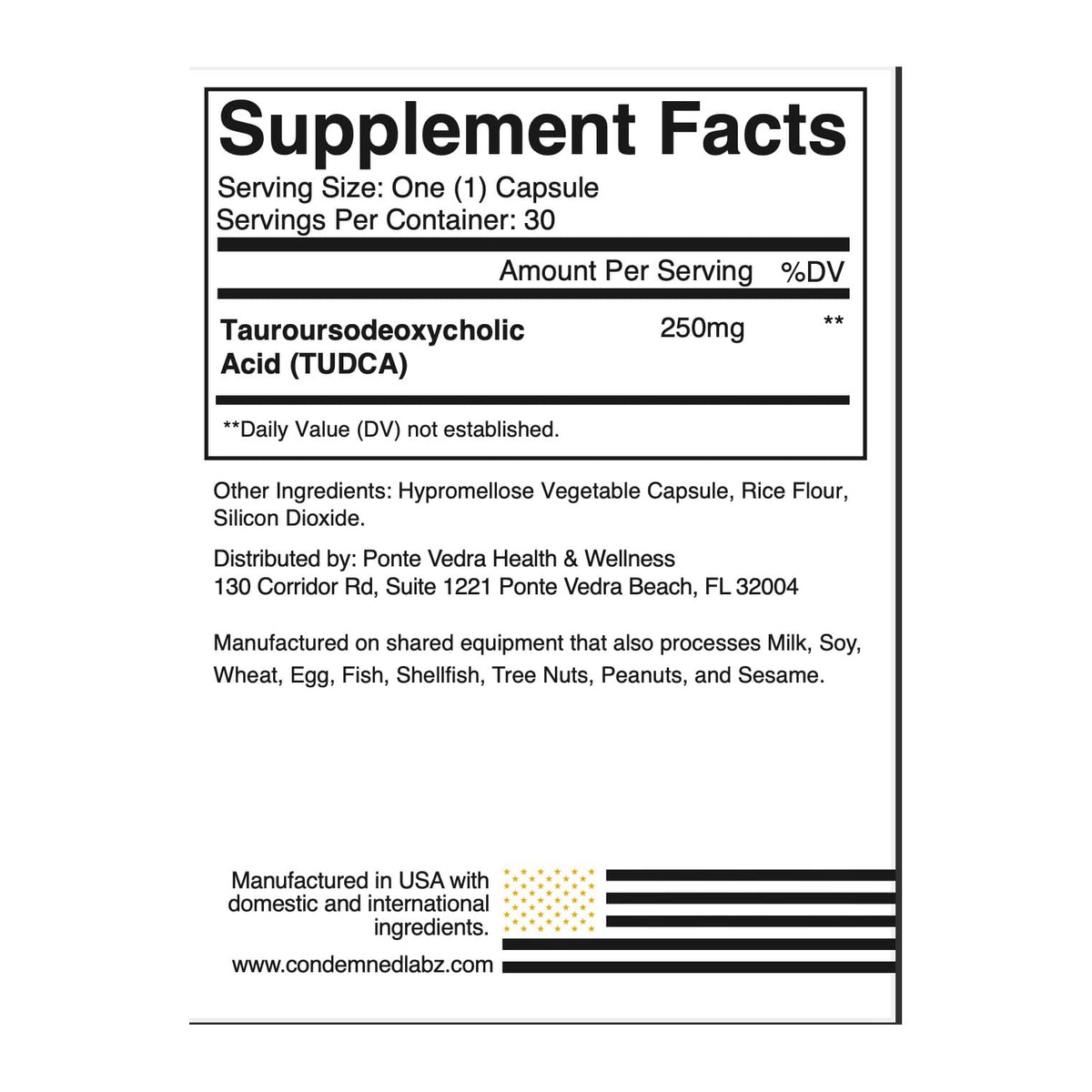 Tudca 250mg by Condemned Labz, supplement facts panel - Image 2