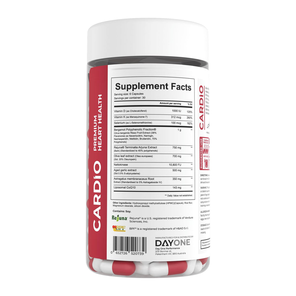 Day One Performance CARD1O Supplement Facts: 6 capsules per serve, 30 serves - Image 3