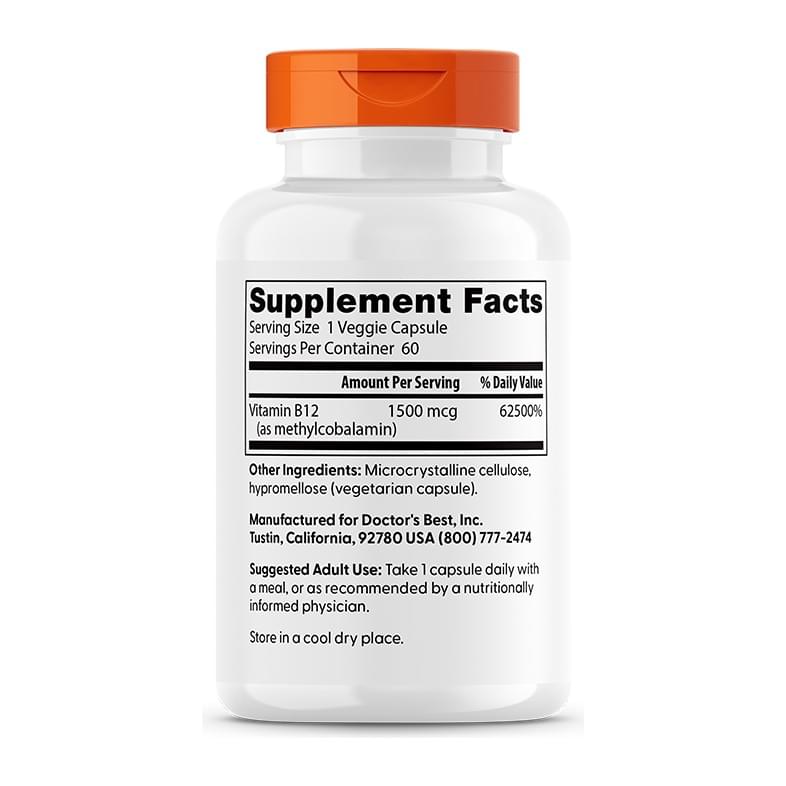Doctor's Best Fully Active B12 1500 mcg 60 Veggie Caps, back label with directions - Image 3