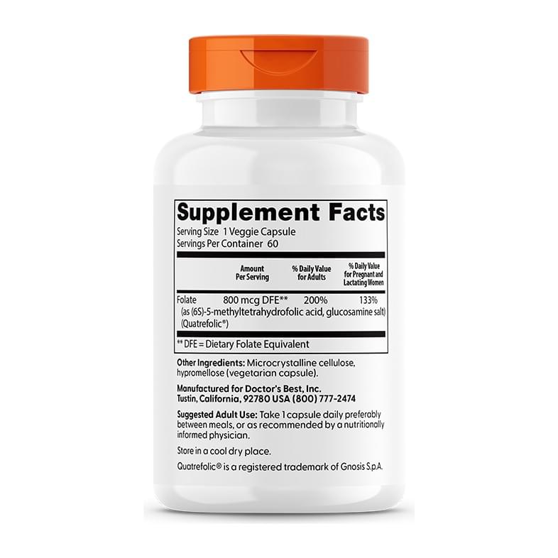 Doctor's Best Fully Active Folate with QuatreFolic 800 mcg, 60 Veggie Caps, back label with directions - Image 3