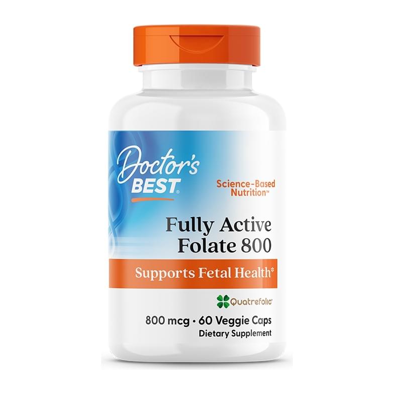 Doctor's Best Fully Active Folate with QuatreFolic 800 mcg, 60 Veggie Caps, front of bottle - Image 1