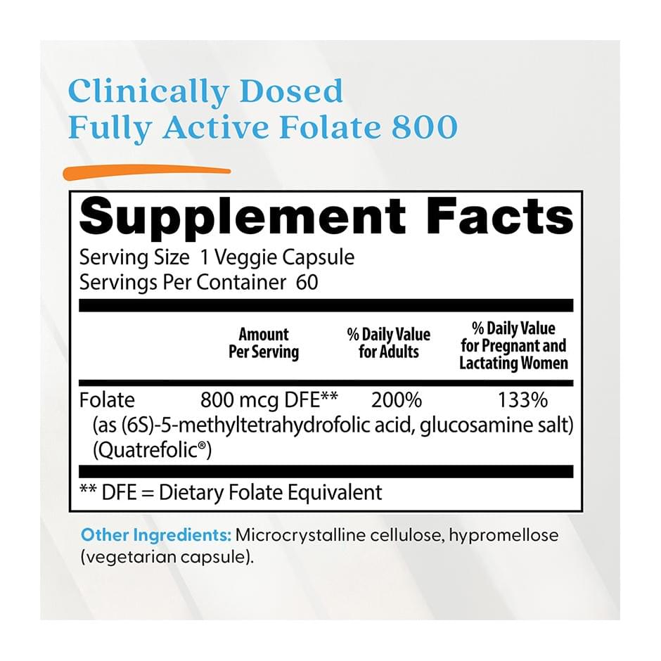 Doctor's Best Fully Active Folate with QuatreFolic 800 mcg, 60 Veggie Caps, supplement facts panel - Image 2