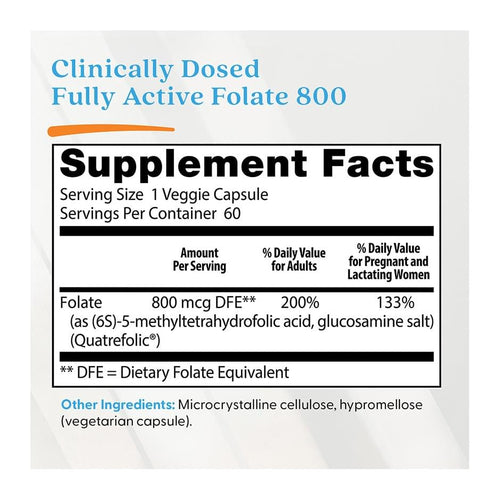 Doctor's Best Fully Active Folate with QuatreFolic 800 mcg, 60 Veggie Caps, supplement facts panel