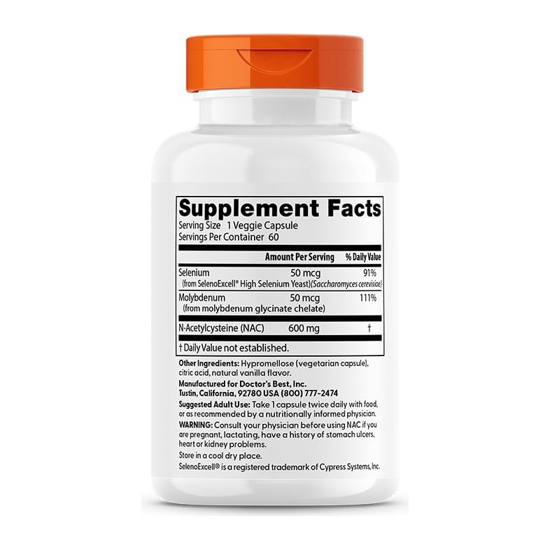 Doctor's Best NAC Detox Regulators with Seleno Excell, back label with directions - Image 3