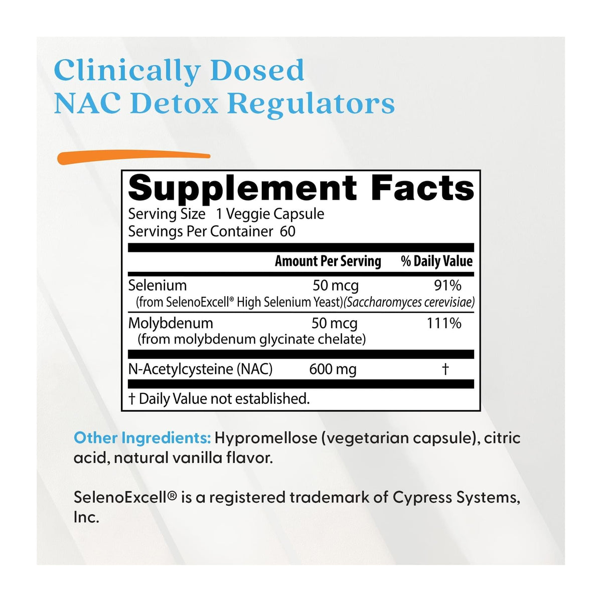 Doctor's Best NAC Detox Regulators with Seleno Excell, supplement facts panel - Image 2