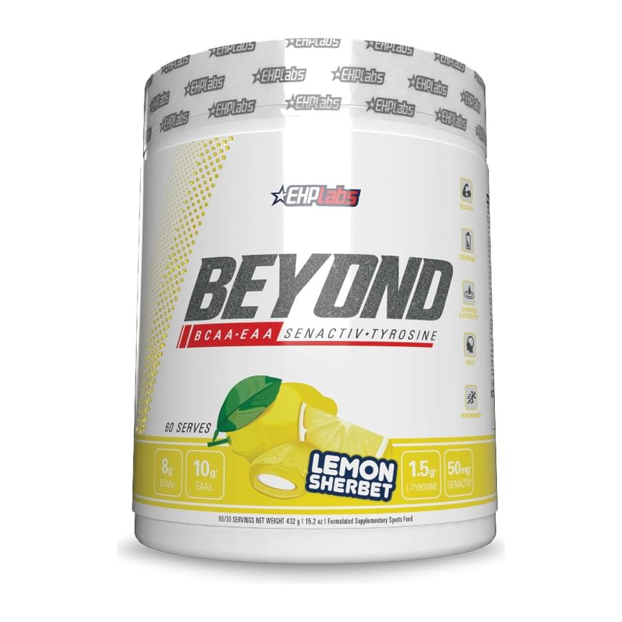 EHPlabs Beyond BCAA + EAA Amino Acid Formula – 60 Servings, Lemon Sherbet tub front - Image 6