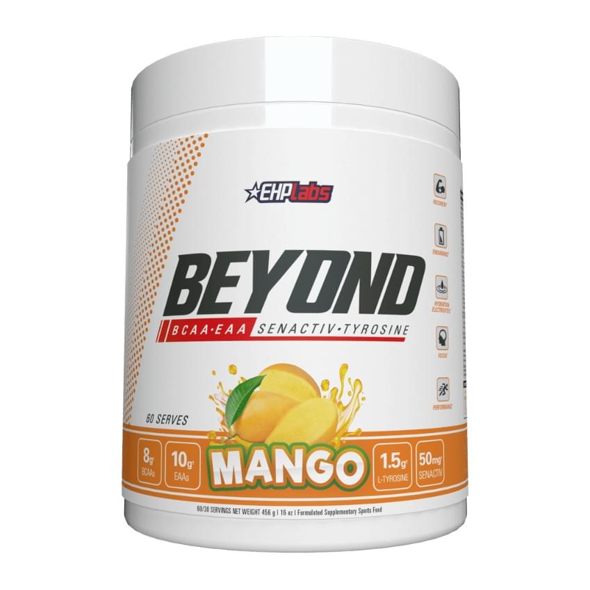 EHPlabs Beyond BCAA + EAA Amino Acid Formula – 60 Servings, Mango tub front - Image 2