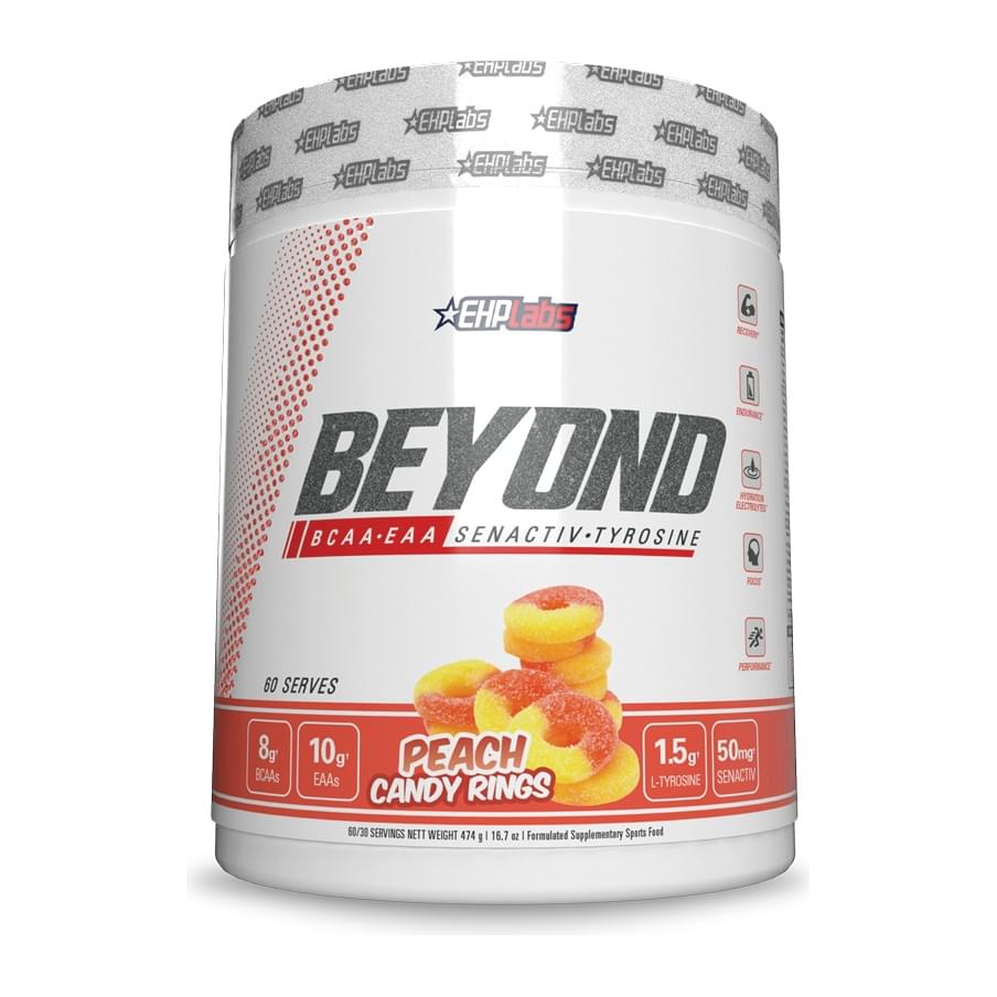 EHPlabs Beyond BCAA + EAA Amino Acid Formula – 60 Servings, Peach Candy Rings tub front - Image 3