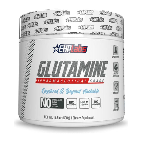 EHPlabs Glutamine Pure Micronized Powder – 100 Servings, front of tub