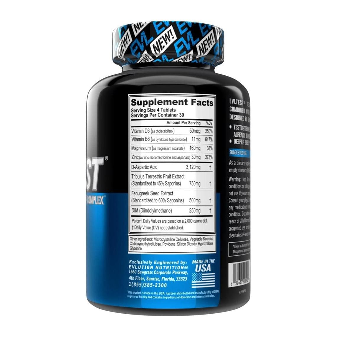 Evlution Nutrition EVLTEST, supplement facts panel - Image 2