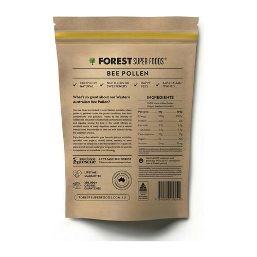 Forest Super Foods Organic Bee Pollen, back of pouch (nutrition panel)
