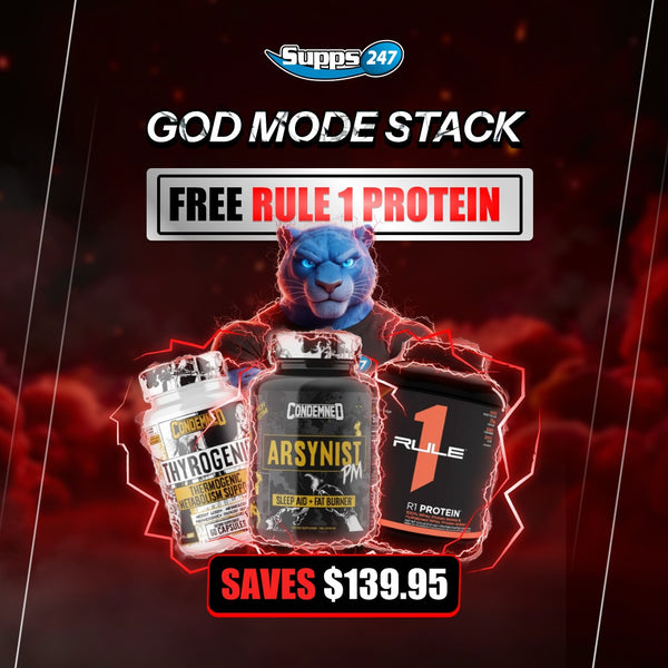 God Mode Stack supplement bundle by Supps247 with free Rule 1 protein fat burner stack deal
